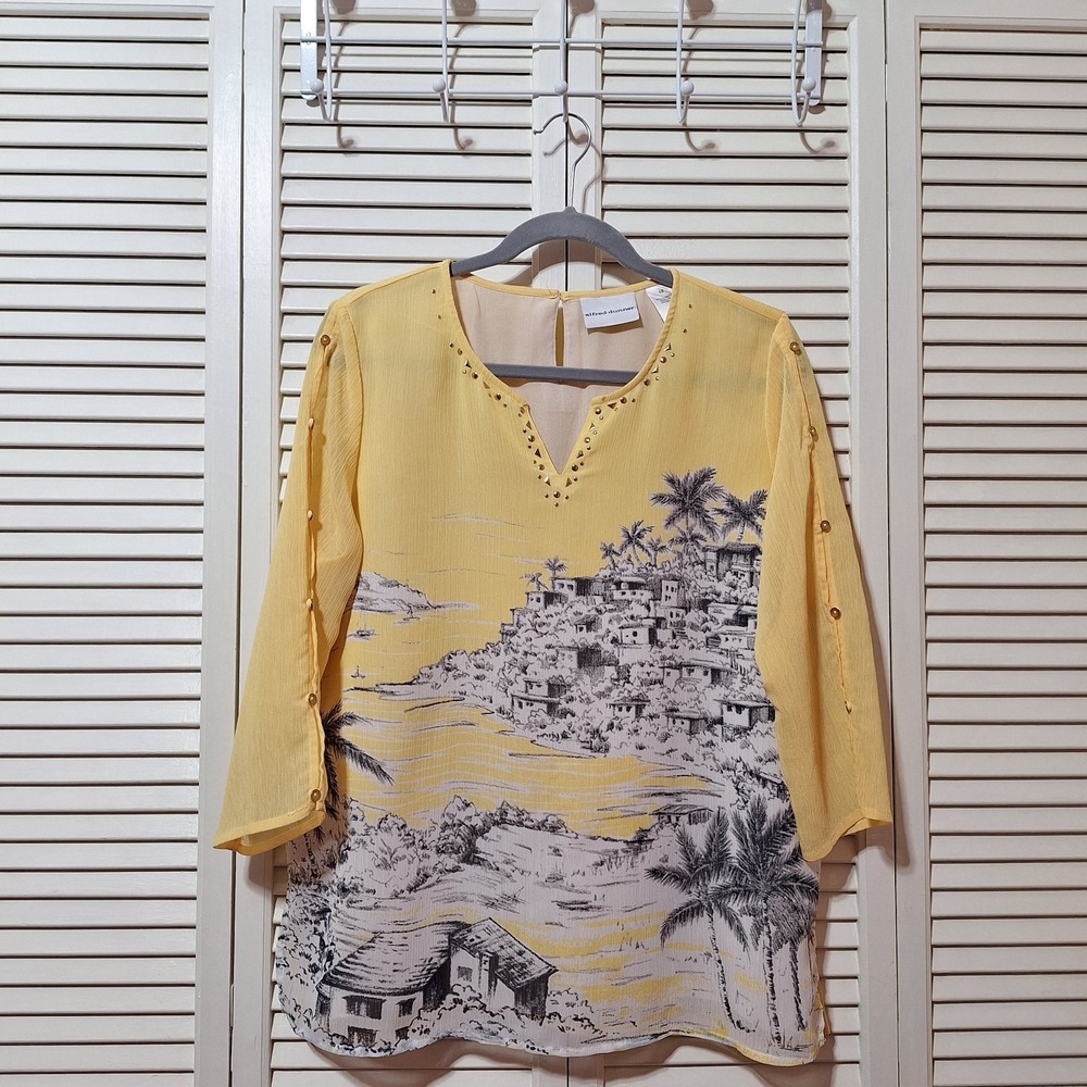 Alfred Dunner Top Womens Size 10 "Seas The Day" Yellow 3/4 Slv Graphic Studded